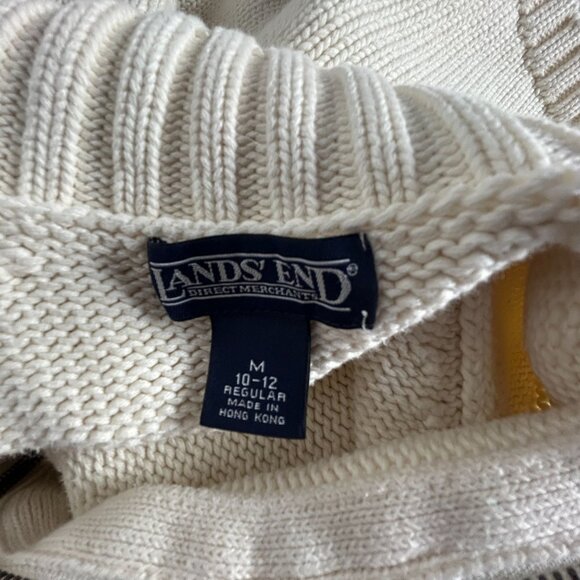 Lands' End Women Full-Zip Cardigan Sweater Cream Cotton Knit Casual Medium 10-12 - Picture 2 of 6